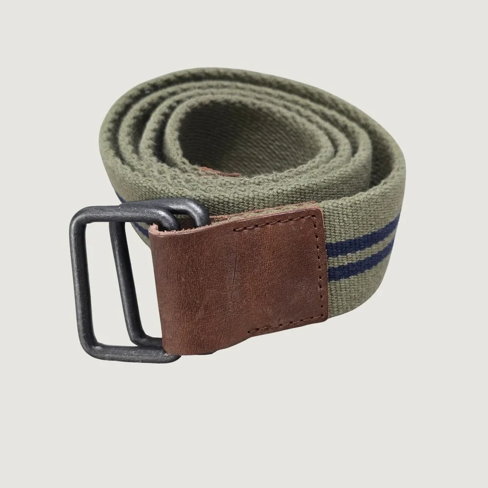 J.Crew Mens Webbed Cotton Belt Olive Green Navy Stripe Leather Tab S/M F0004